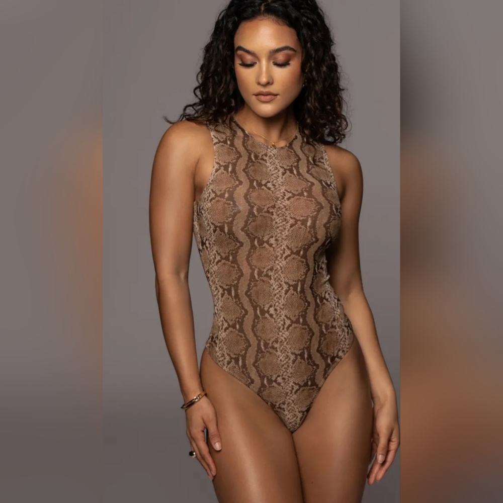 JLUXLABEL Brown Snake Print Scoop Back Bodysuit
